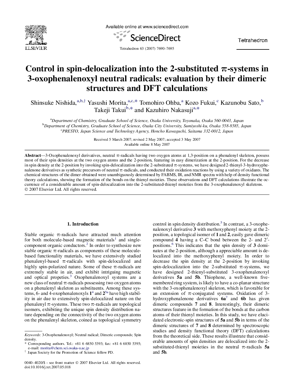 Control in spin-delocalization into the 2-substituted Ï-systems in 3-oxophenalenoxyl neutral radicals: evaluation by their dimeric structures and DFT calculations