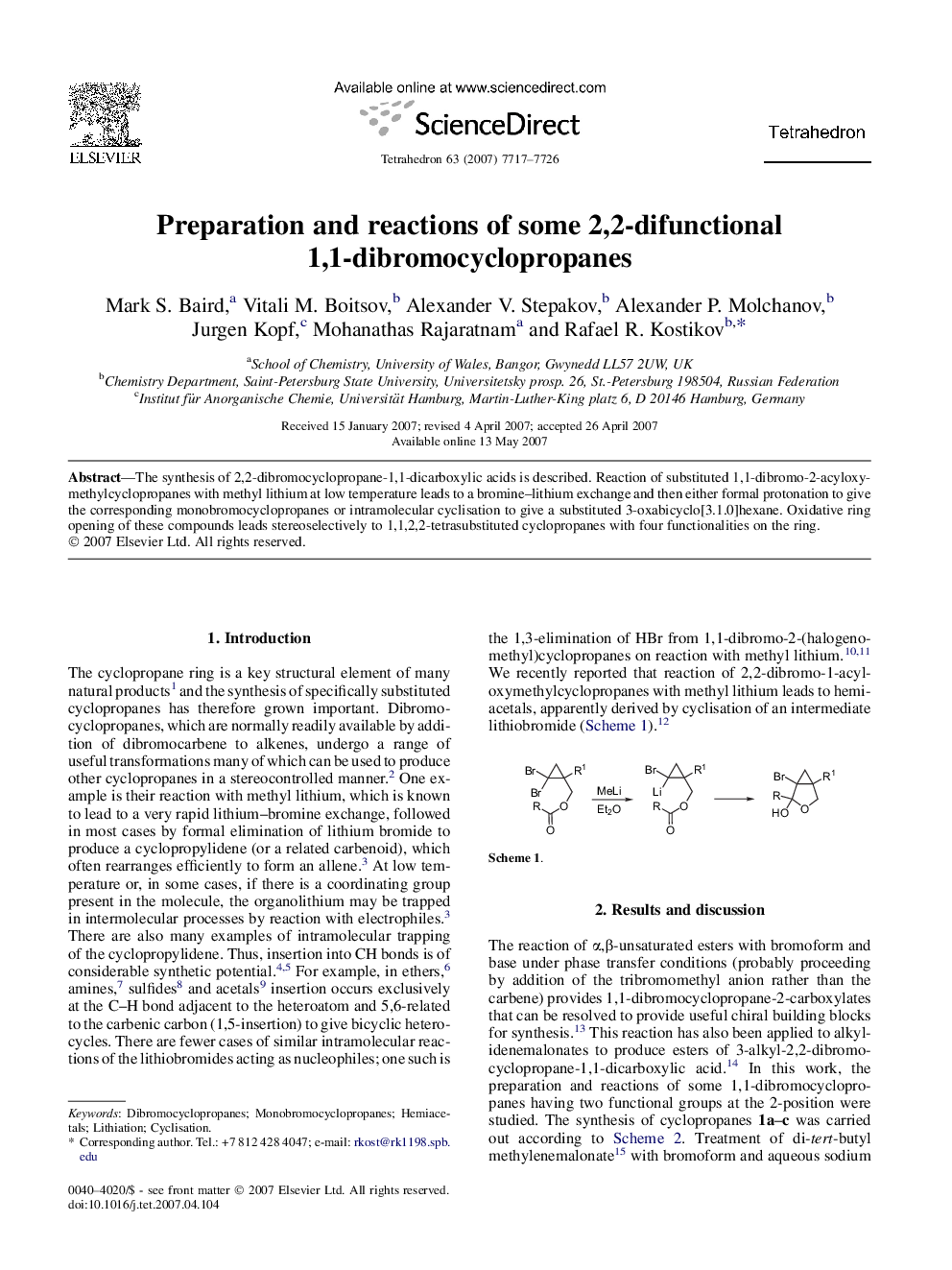 Preparation and reactions of some 2,2-difunctional 1,1-dibromocyclopropanes