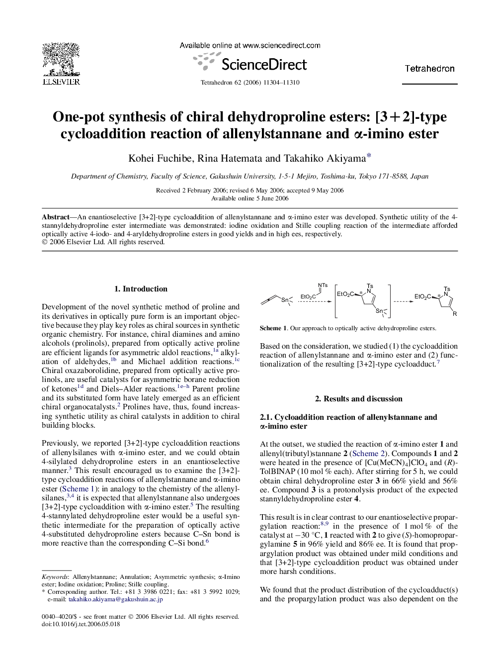 One-pot synthesis of chiral dehydroproline esters: [3+2]-type cycloaddition reaction of allenylstannane and Î±-imino ester