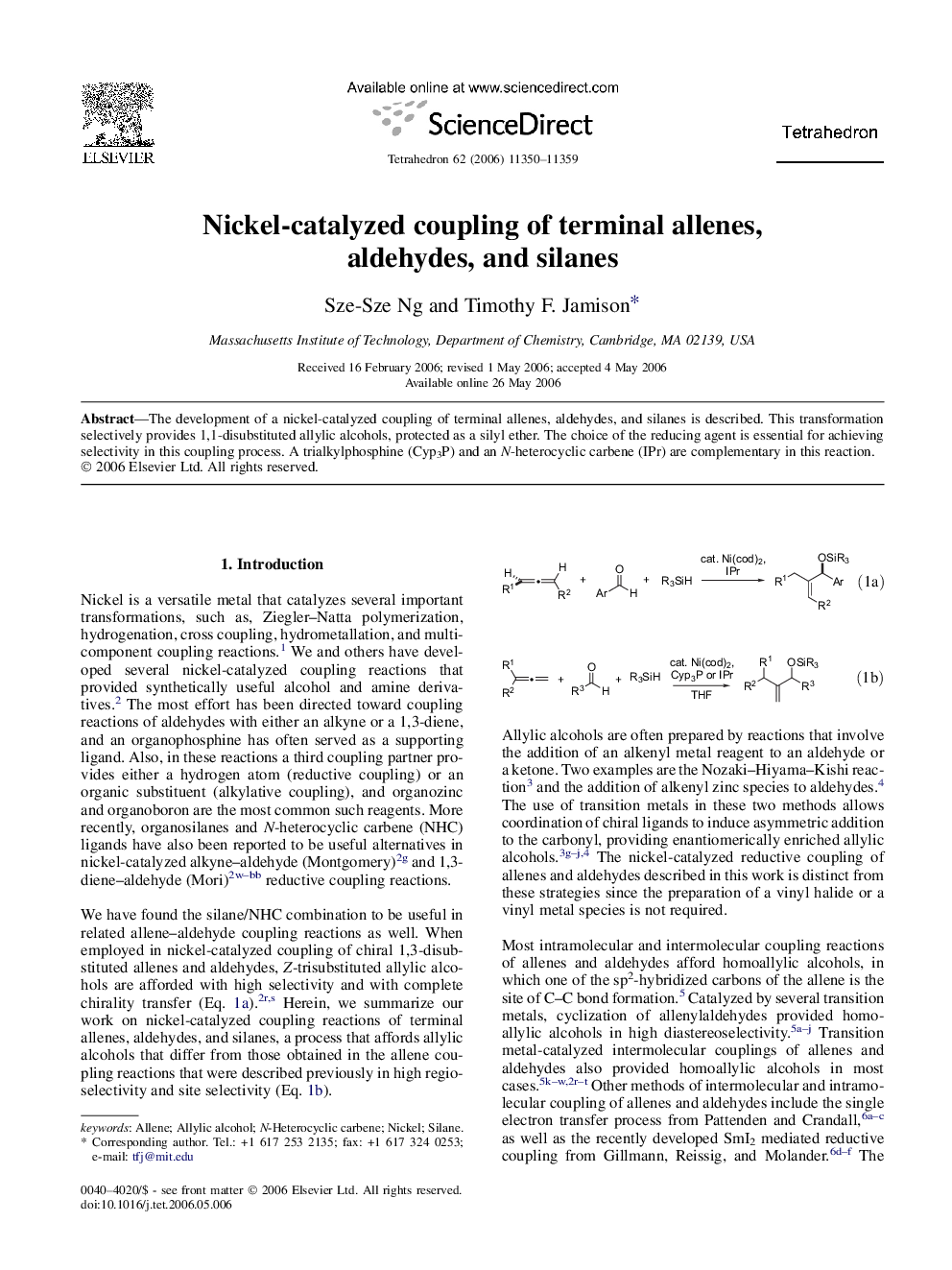 Nickel-catalyzed coupling of terminal allenes, aldehydes, and silanes