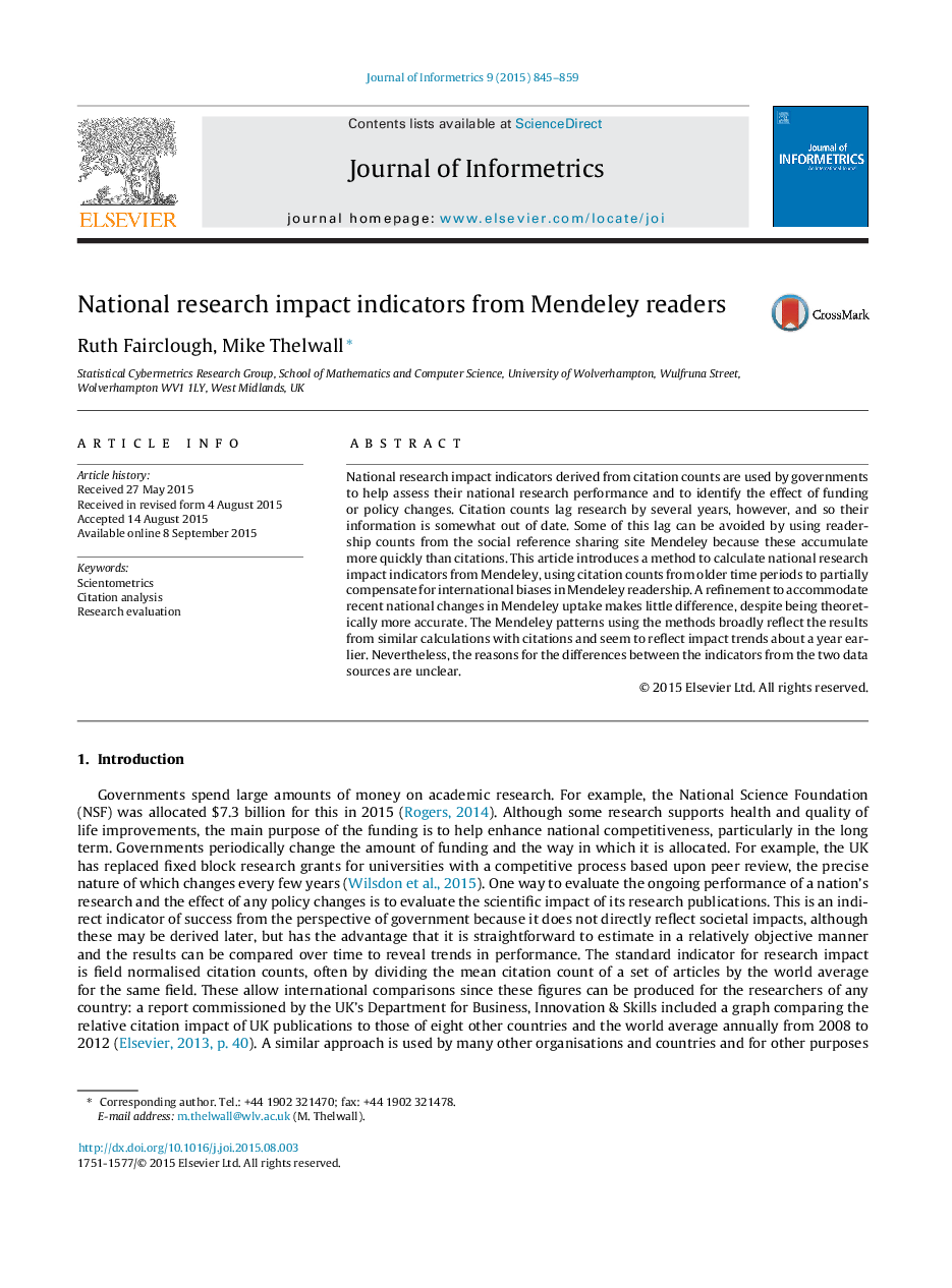 National research impact indicators from Mendeley readers