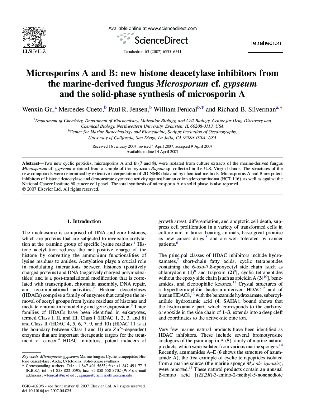 Microsporins A and B: new histone deacetylase inhibitors from the marine-derived fungus Microsporum cf. gypseum and the solid-phase synthesis of microsporin A