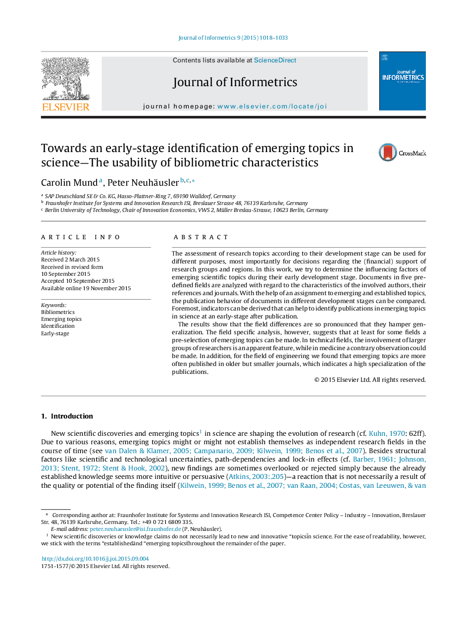 Towards an early-stage identification of emerging topics in science—The usability of bibliometric characteristics