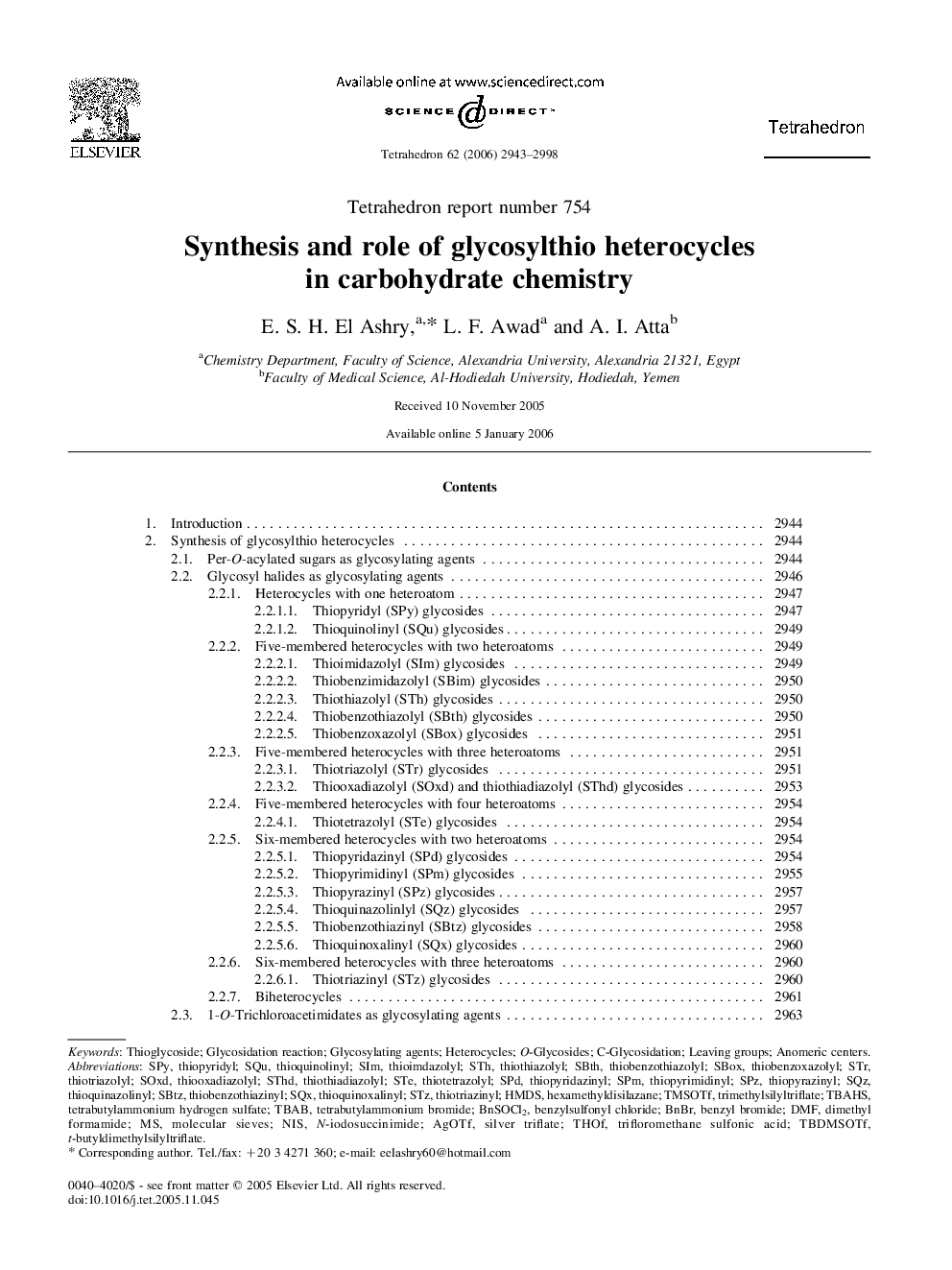 Synthesis and role of glycosylthio heterocycles in carbohydrate chemistry