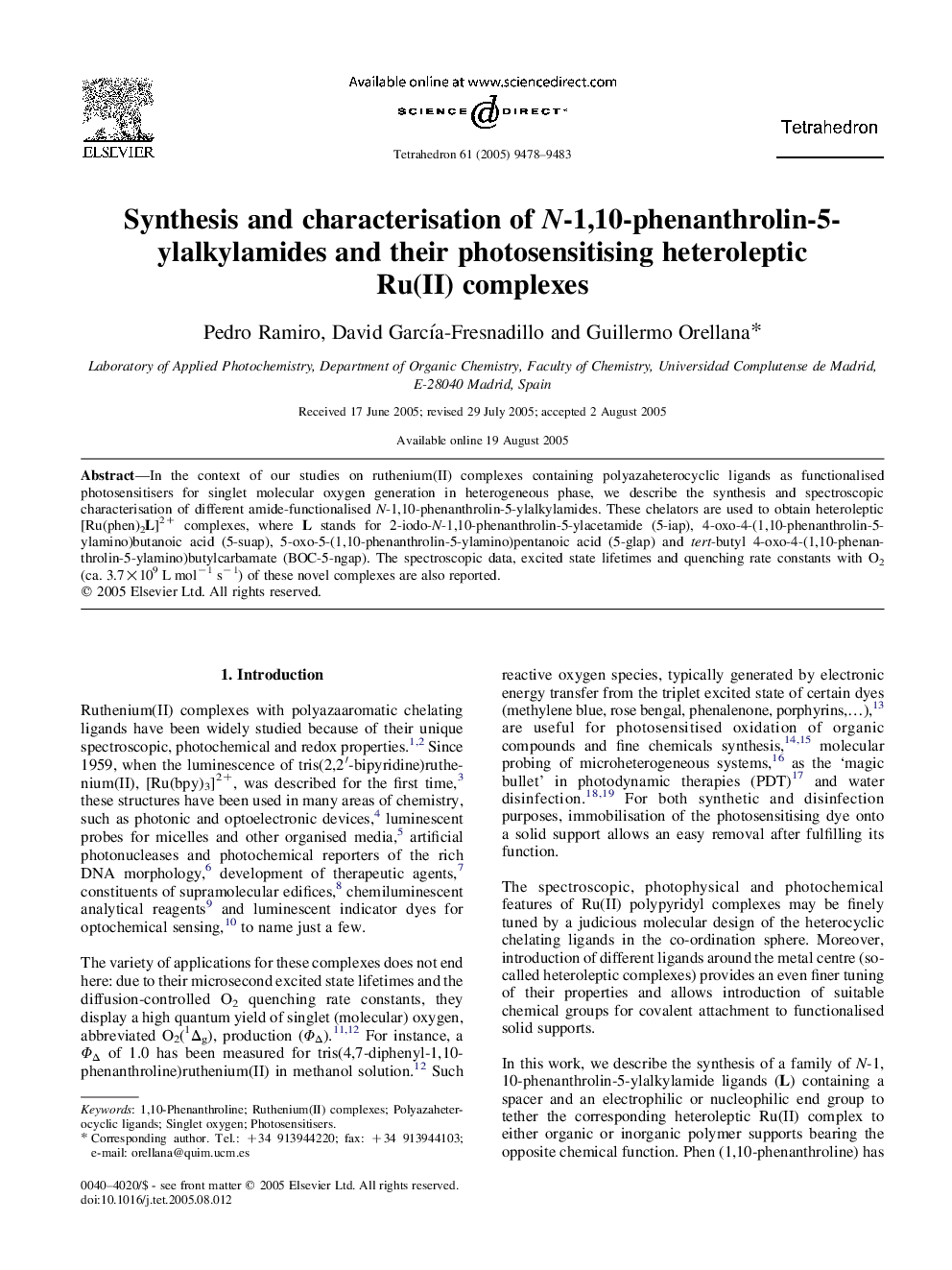 Synthesis and characterisation of N-1,10-phenanthrolin-5-ylalkylamides and their photosensitising heteroleptic Ru(II) complexes