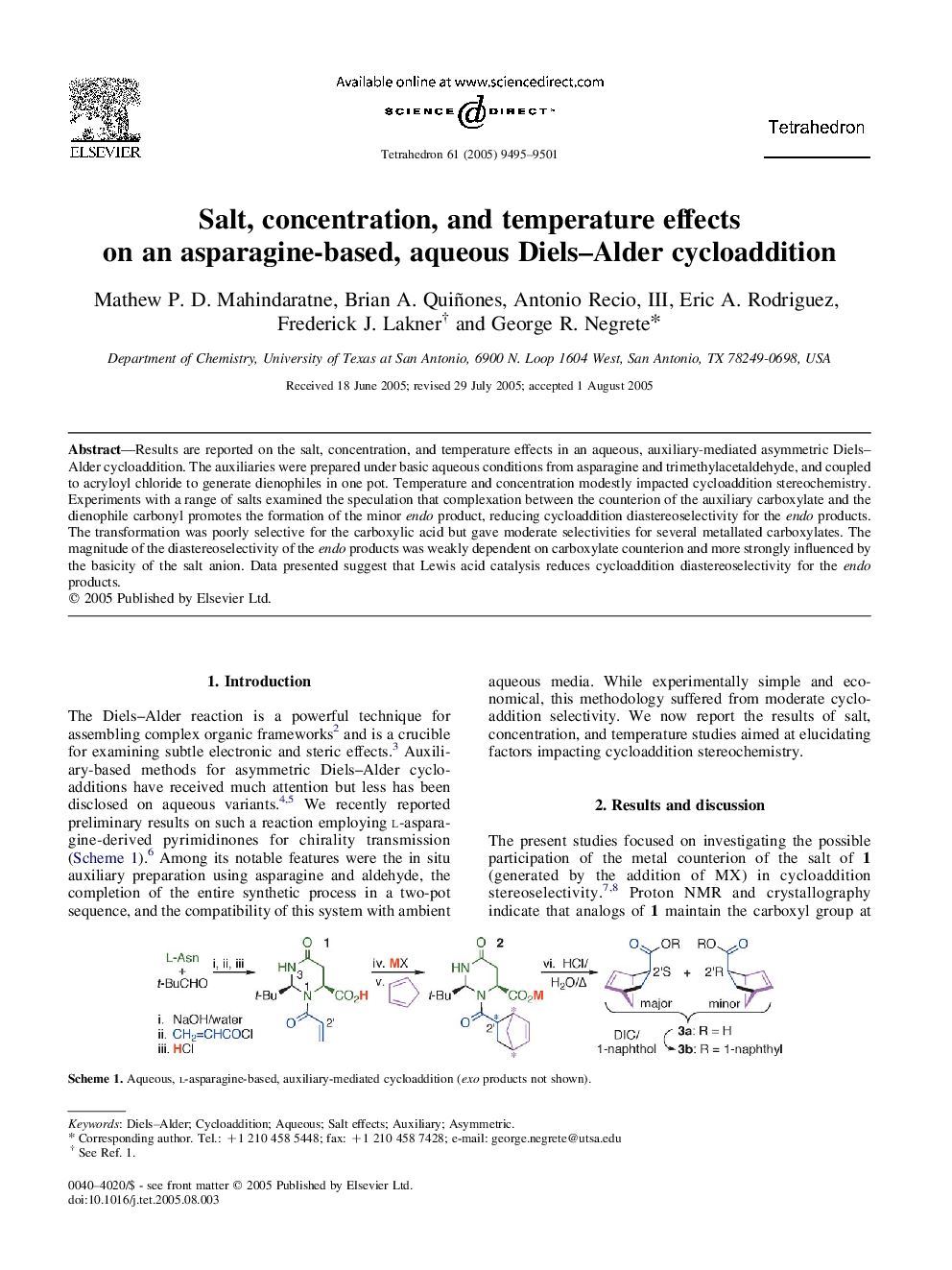 Salt, concentration, and temperature effects on an asparagine-based, aqueous Diels-Alder cycloaddition