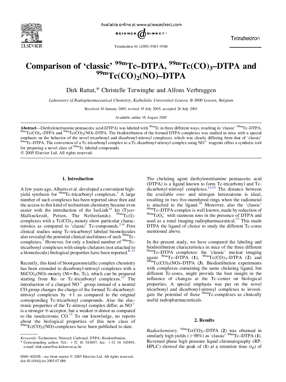 Comparison of 'classic' 99mTc-DTPA, 99mTc(CO)3-DTPA and 99mTc(CO)2(NO)-DTPA