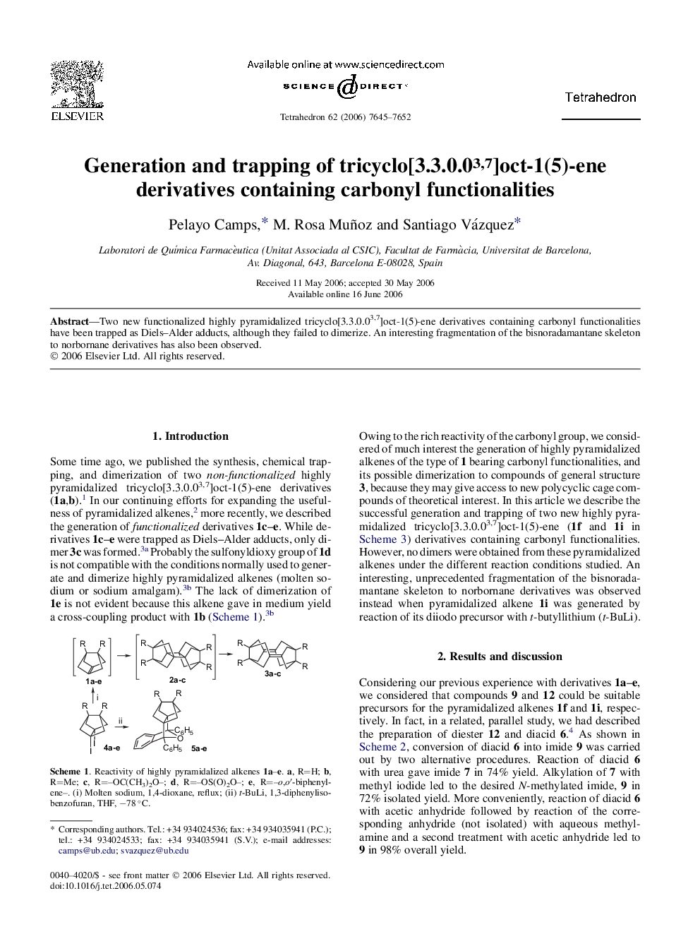 Generation and trapping of tricyclo[3.3.0.03,7]oct-1(5)-ene derivatives containing carbonyl functionalities