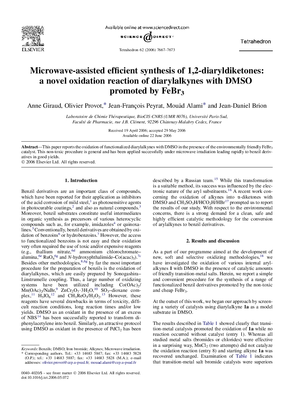 Microwave-assisted efficient synthesis of 1,2-diaryldiketones: a novel oxidation reaction of diarylalkynes with DMSO promoted by FeBr3