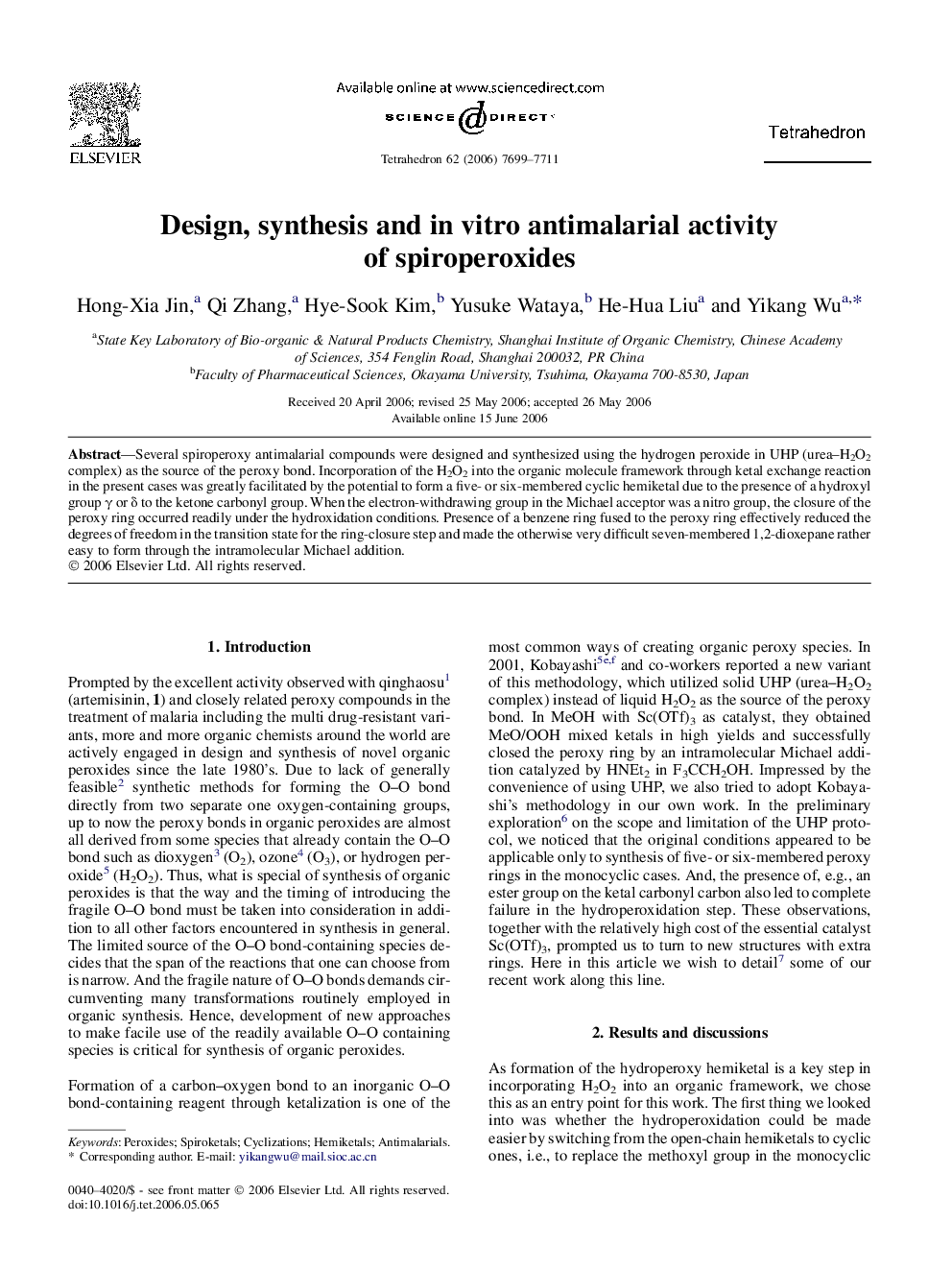 Design, synthesis and in vitro antimalarial activity of spiroperoxides