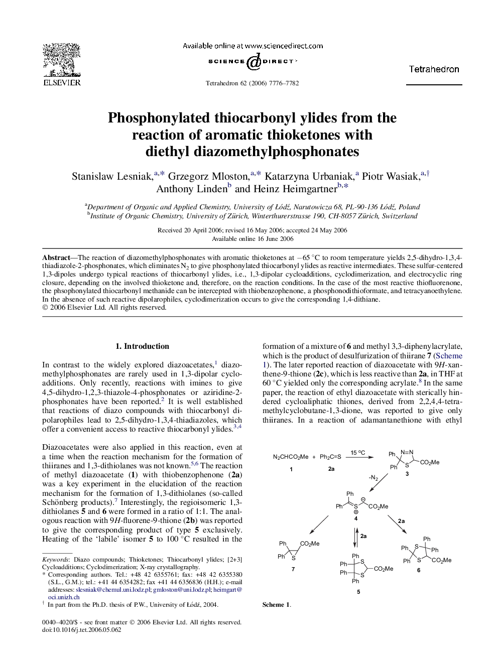 Phosphonylated thiocarbonyl ylides from the reaction of aromatic thioketones with diethyl diazomethylphosphonates