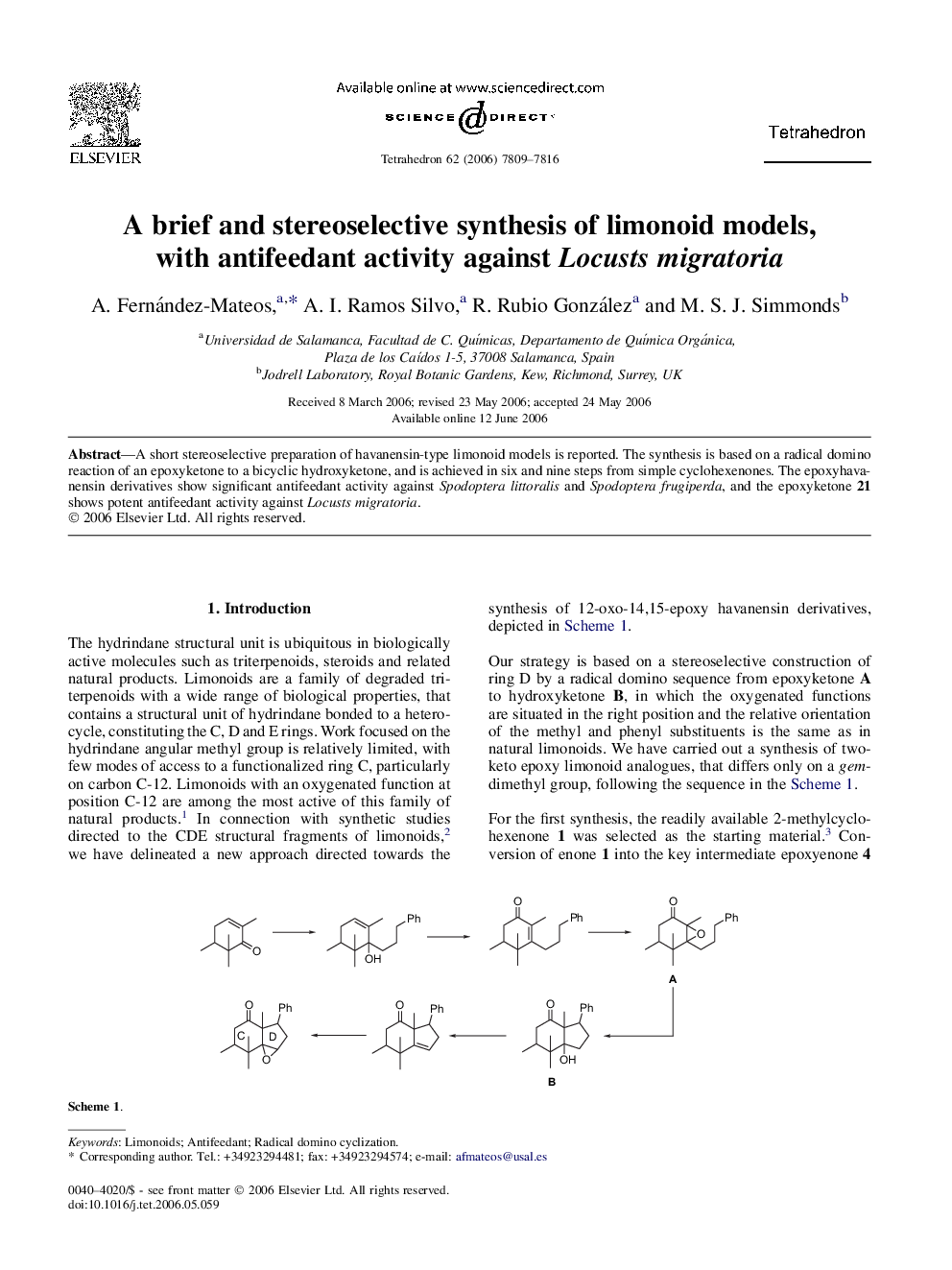 A brief and stereoselective synthesis of limonoid models, with antifeedant activity against Locusts migratoria