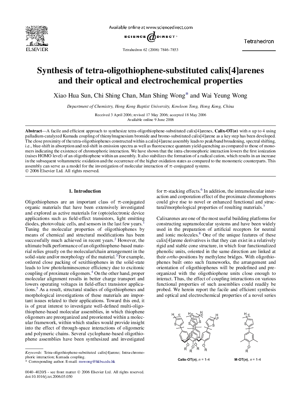 Synthesis of tetra-oligothiophene-substituted calix[4]arenes and their optical and electrochemical properties