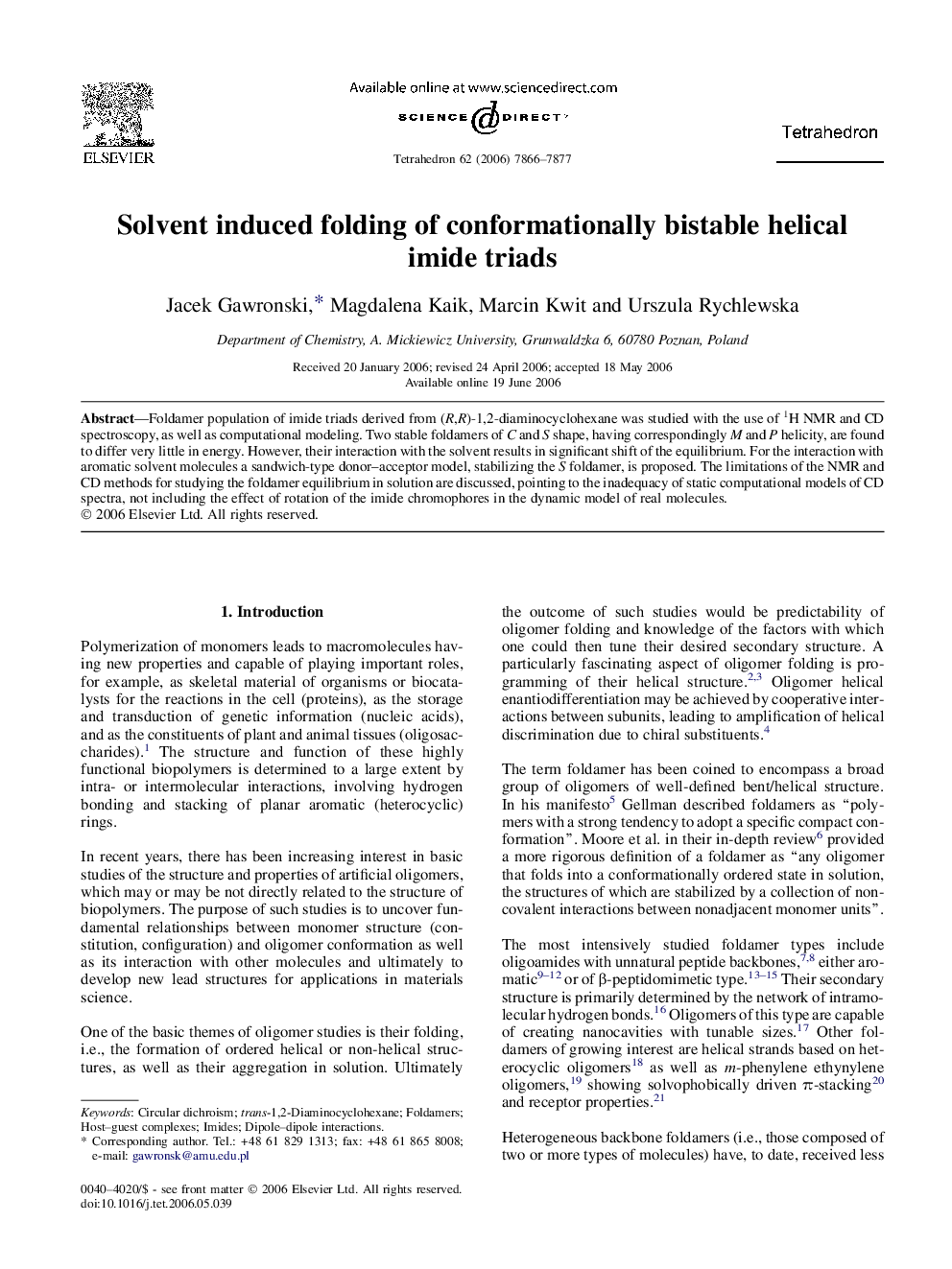 Solvent induced folding of conformationally bistable helical imide triads