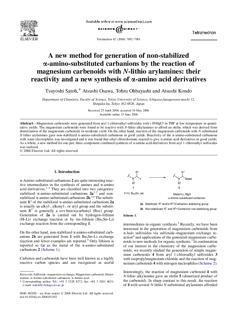 A new method for generation of non-stabilized Î±-amino-substituted carbanions by the reaction of magnesium carbenoids with N-lithio arylamines: their reactivity and a new synthesis of Î±-amino acid derivatives