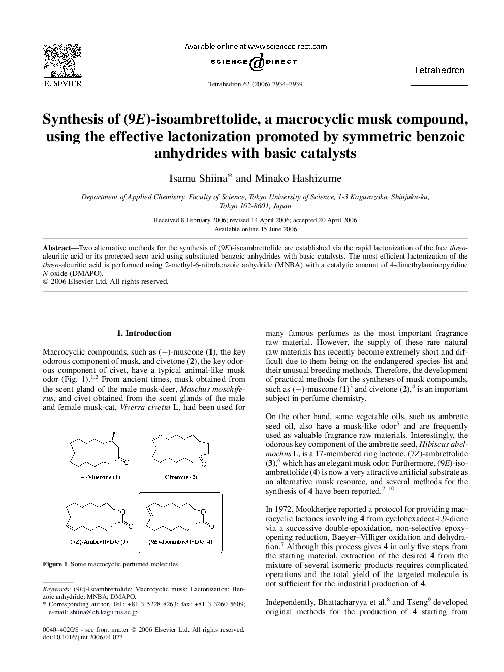 Synthesis of (9E)-isoambrettolide, a macrocyclic musk compound, using the effective lactonization promoted by symmetric benzoic anhydrides with basic catalysts