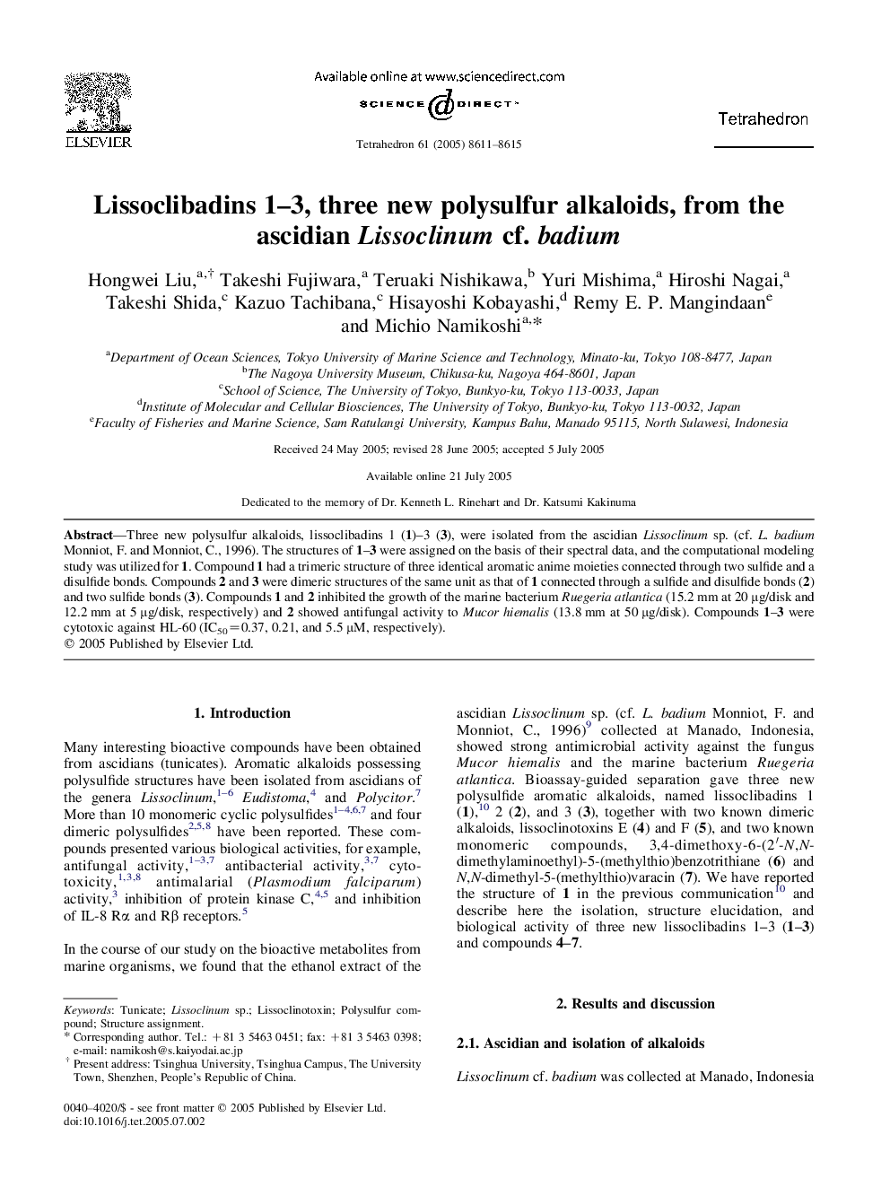 Lissoclibadins 1-3, three new polysulfur alkaloids, from the ascidian Lissoclinum cf. badium