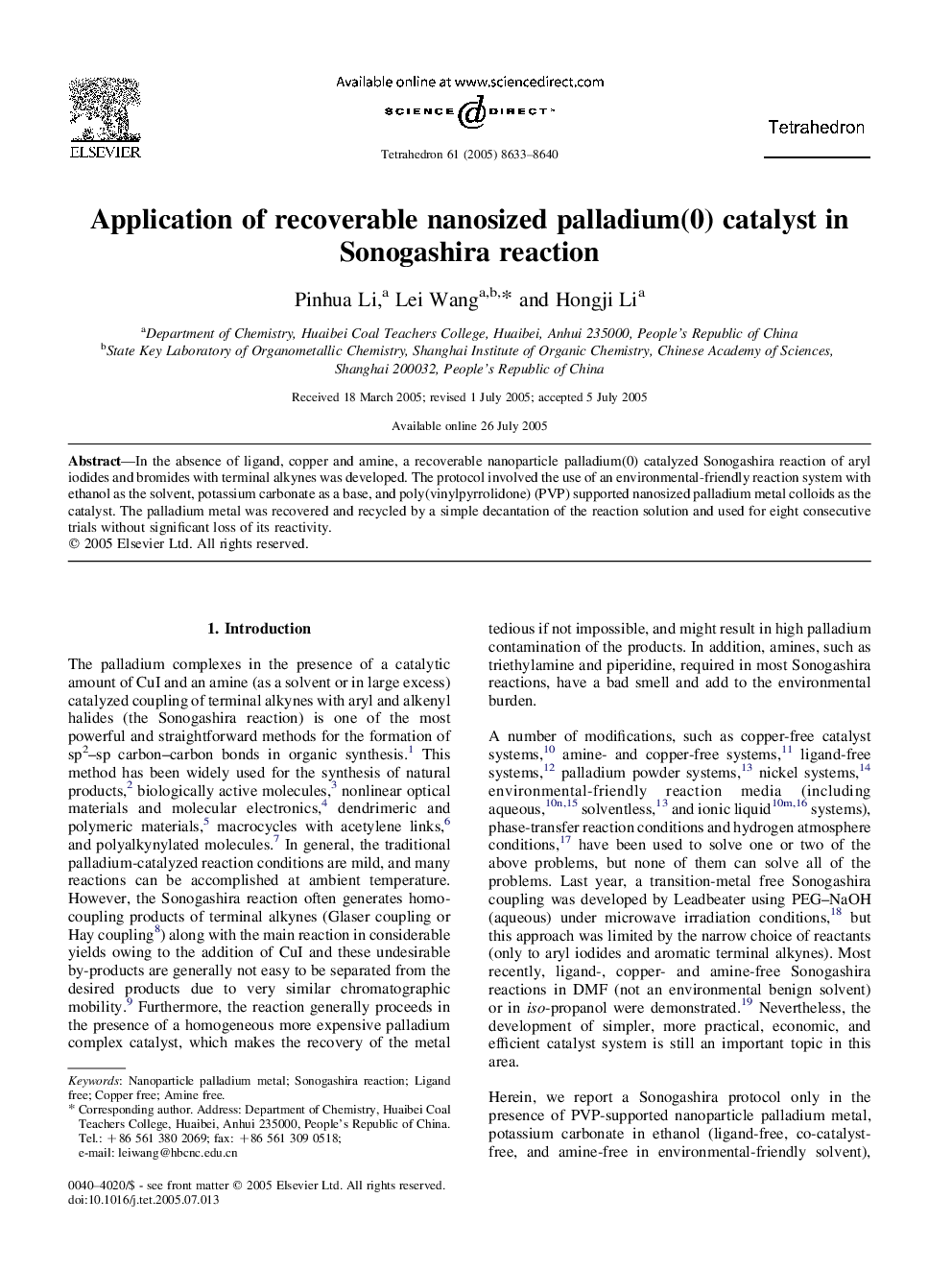 Application of recoverable nanosized palladium(0) catalyst in Sonogashira reaction