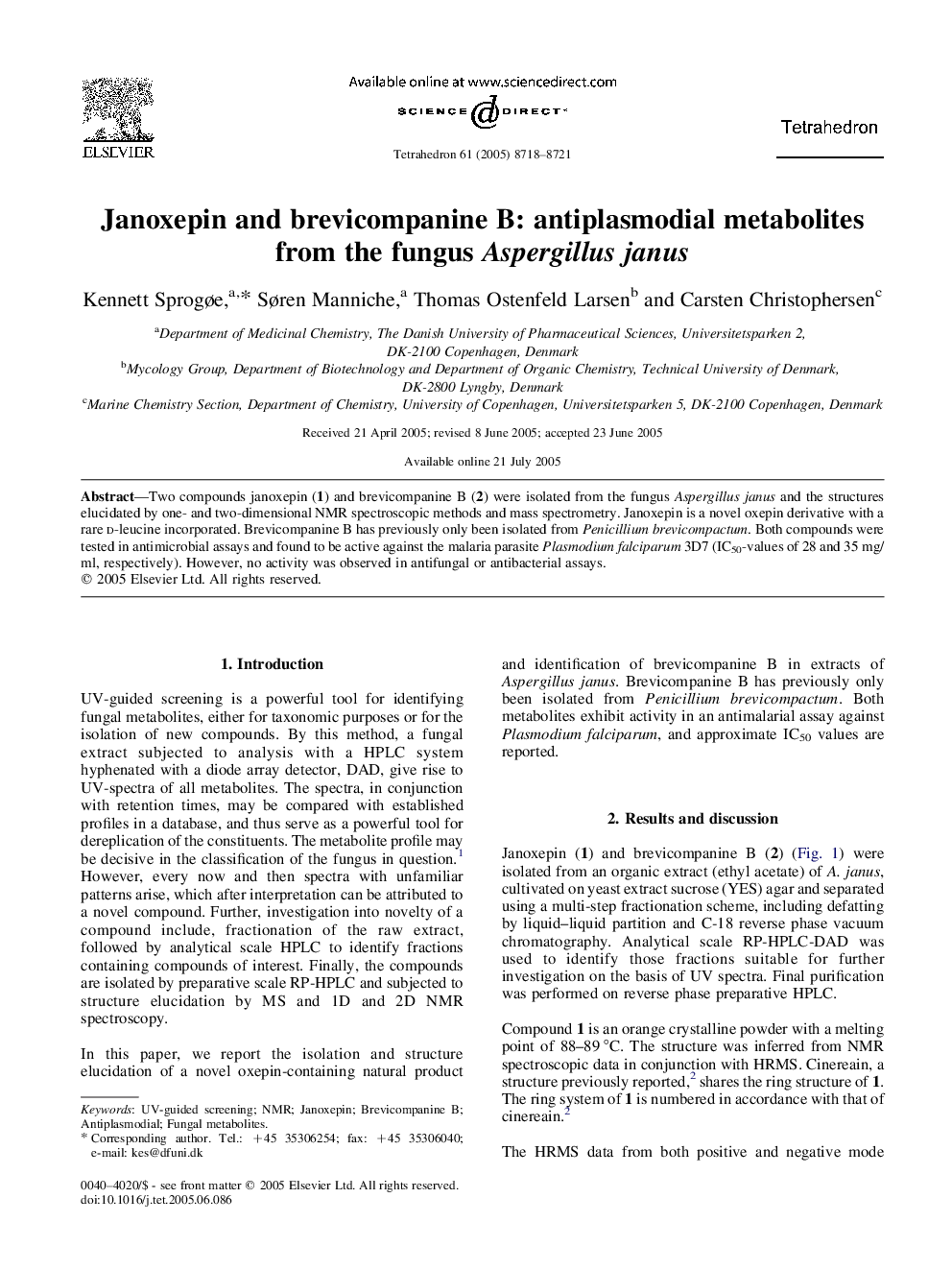 Janoxepin and brevicompanine B: antiplasmodial metabolites from the fungus Aspergillus janus