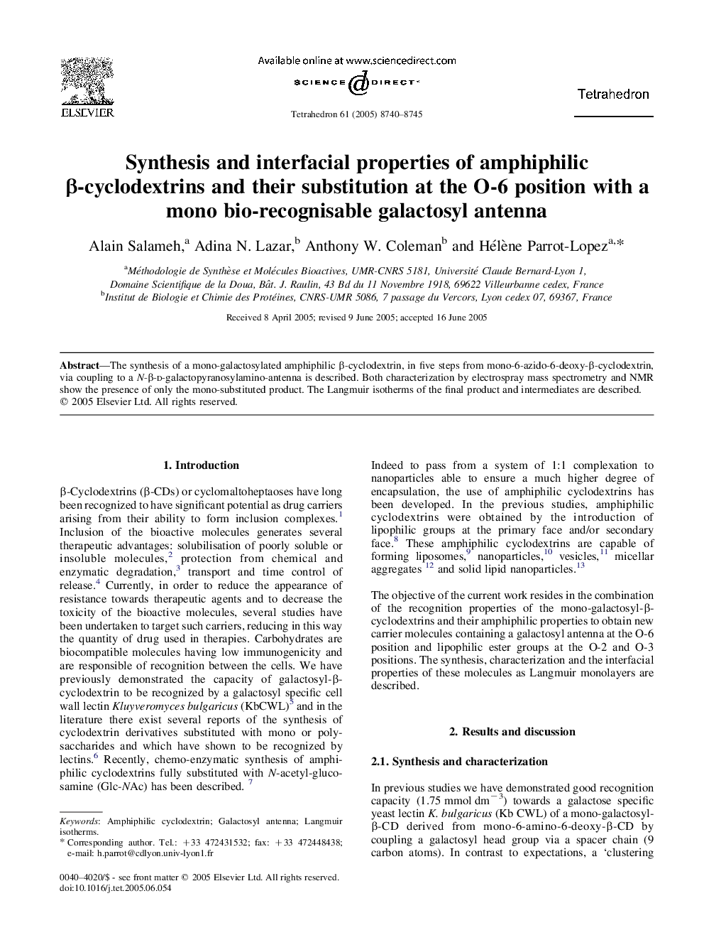 Synthesis and interfacial properties of amphiphilic Î²-cyclodextrins and their substitution at the O-6 position with a mono bio-recognisable galactosyl antenna