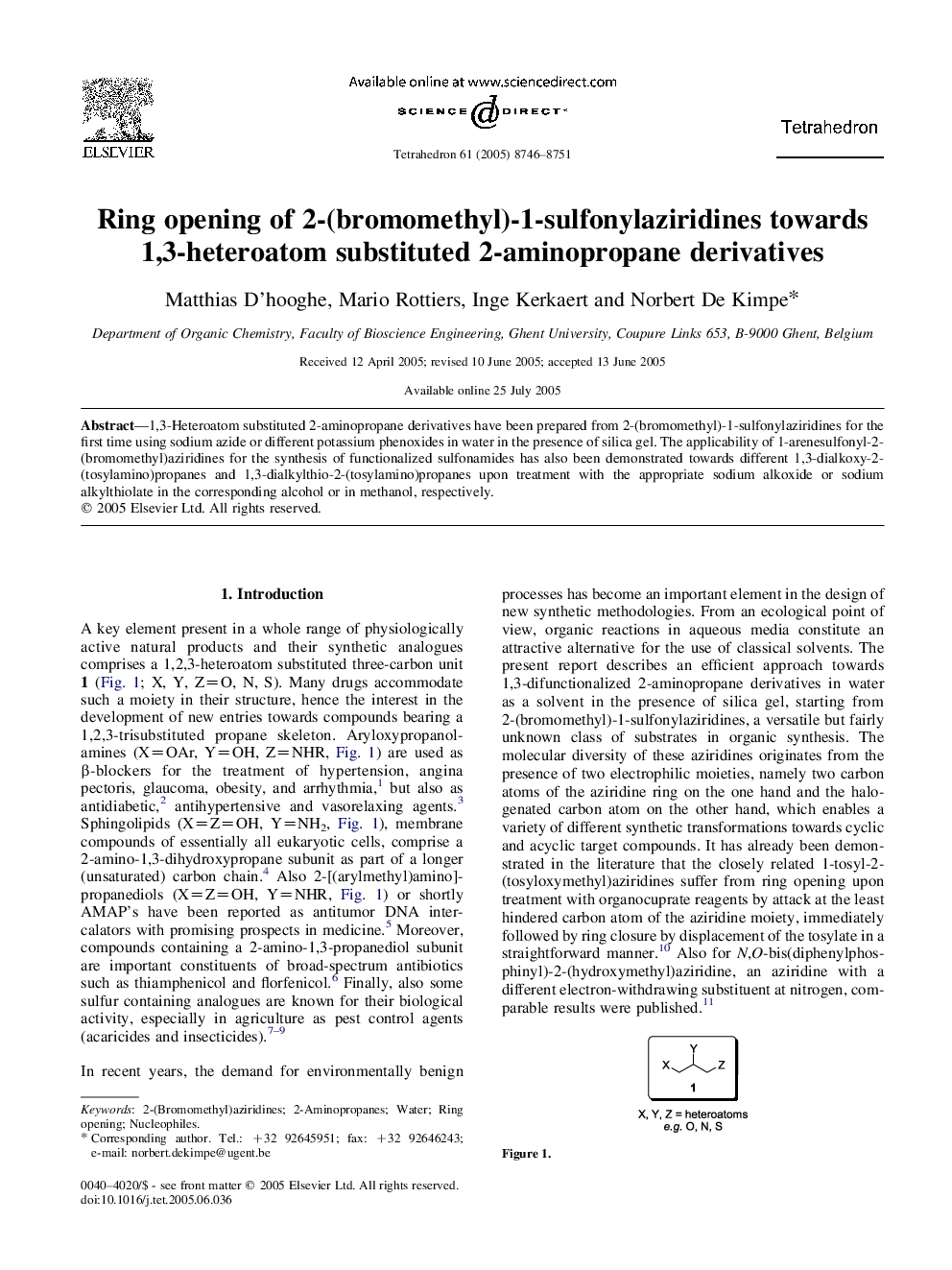 Ring opening of 2-(bromomethyl)-1-sulfonylaziridines towards 1,3-heteroatom substituted 2-aminopropane derivatives