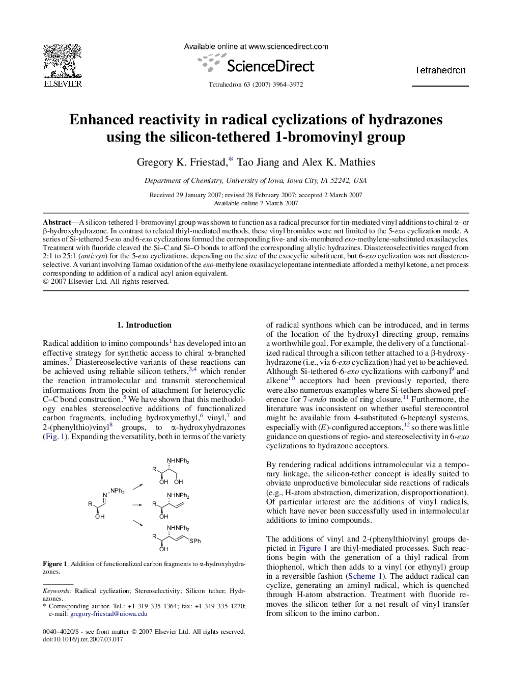 Enhanced reactivity in radical cyclizations of hydrazones using the silicon-tethered 1-bromovinyl group