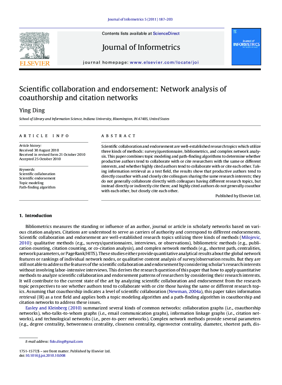 Scientific collaboration and endorsement: Network analysis of coauthorship and citation networks