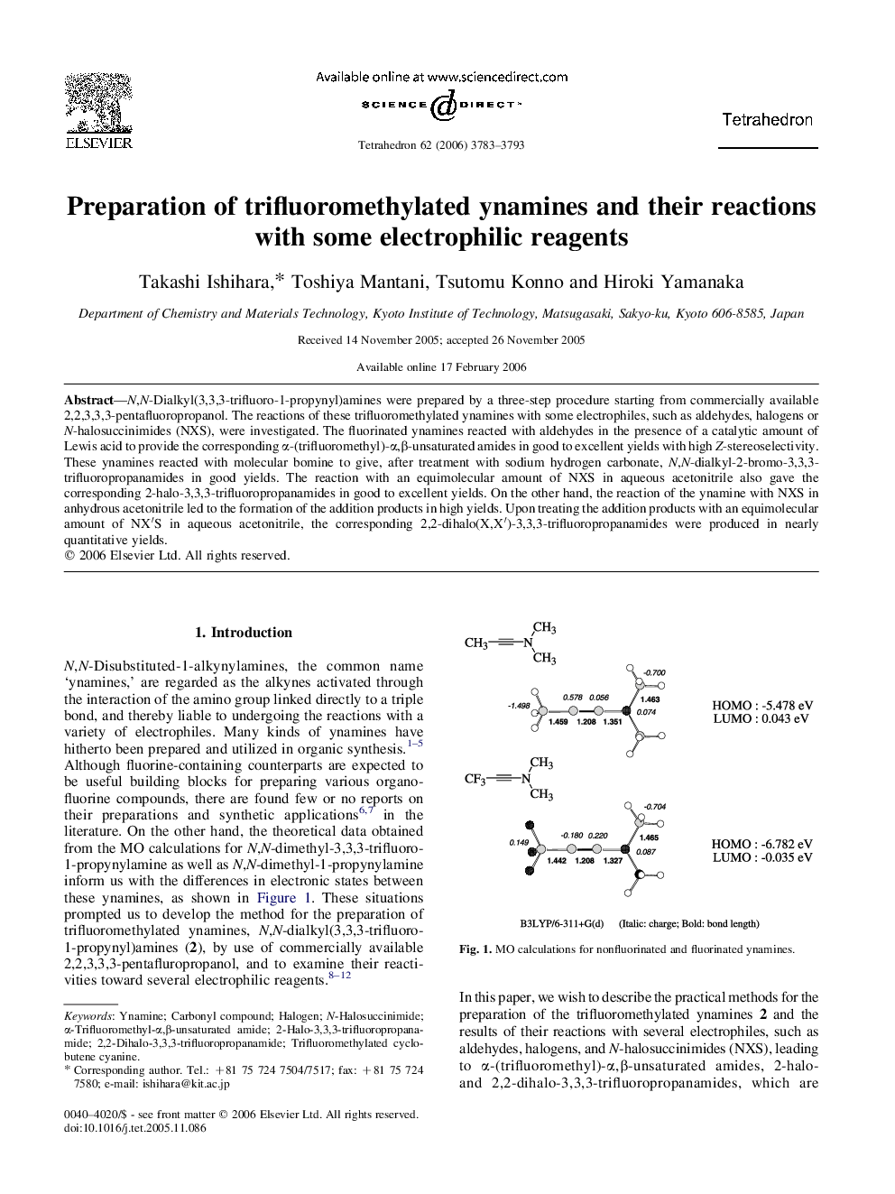 Preparation of trifluoromethylated ynamines and their reactions with some electrophilic reagents