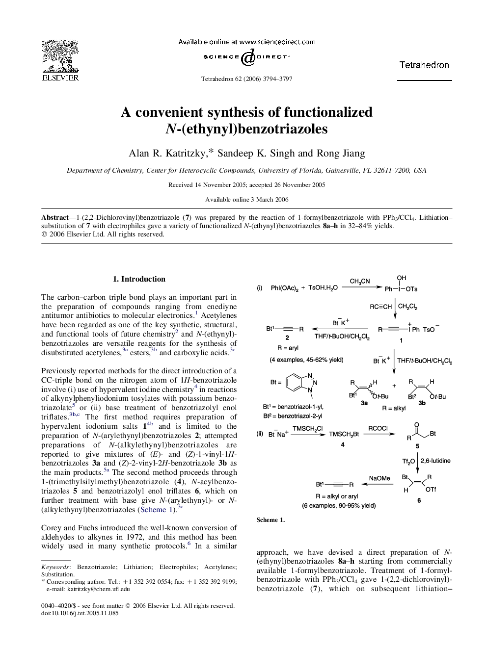 A convenient synthesis of functionalized N-(ethynyl)benzotriazoles