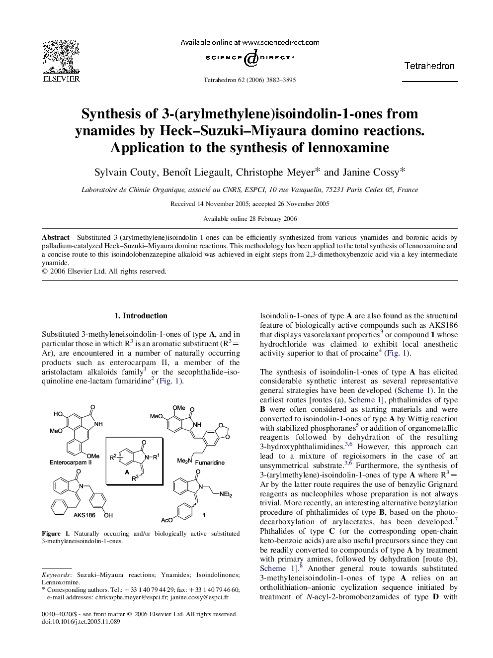 Synthesis of 3-(arylmethylene)isoindolin-1-ones from ynamides by Heck-Suzuki-Miyaura domino reactions. Application to the synthesis of lennoxamine