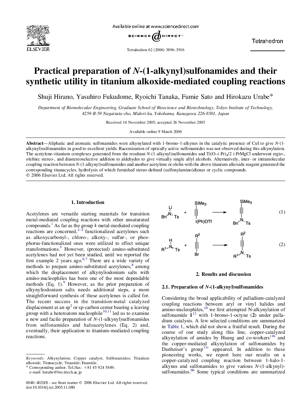 Practical preparation of N-(1-alkynyl)sulfonamides and their synthetic utility in titanium alkoxide-mediated coupling reactions