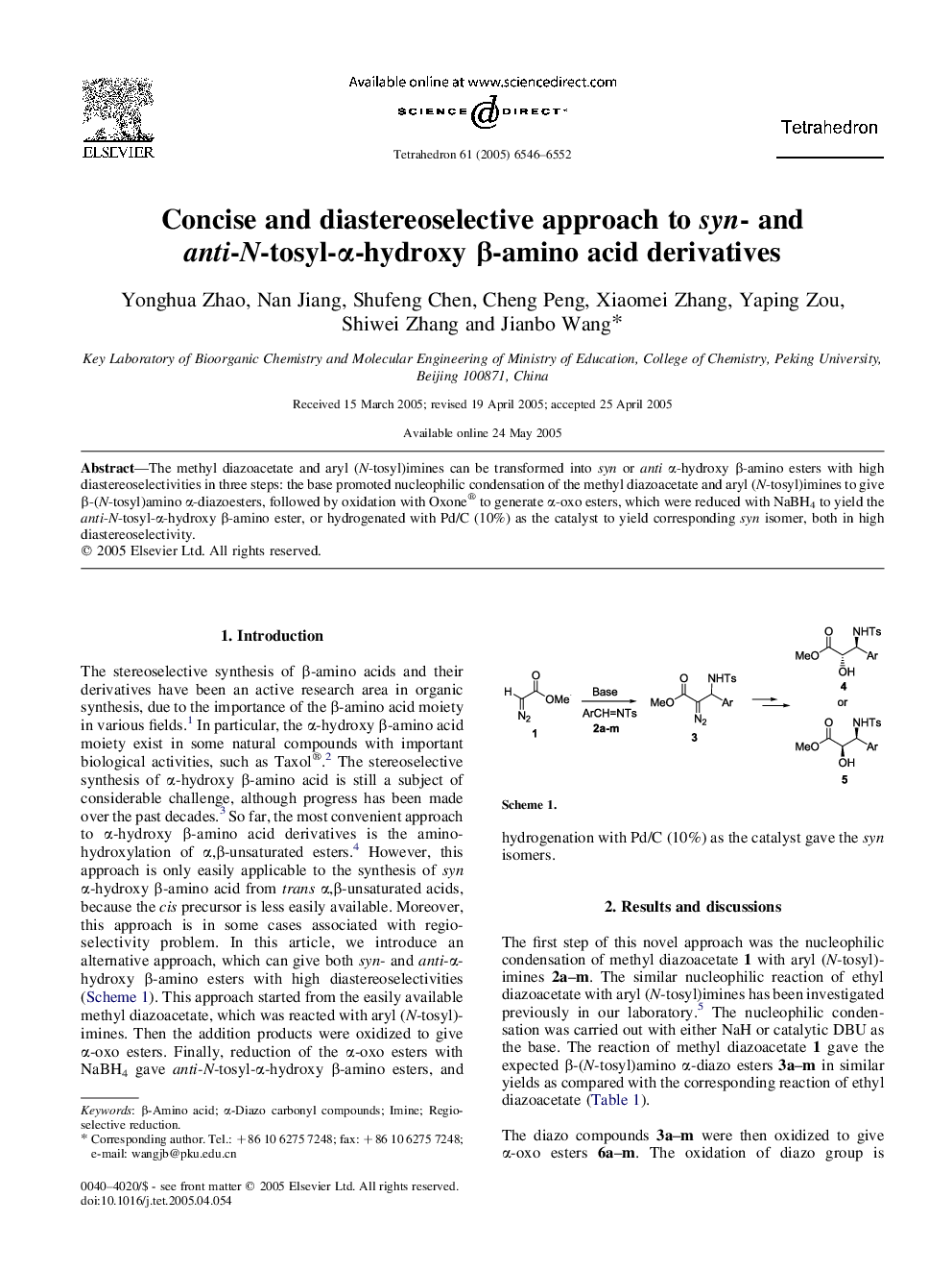 Concise and diastereoselective approach to syn- and anti-N-tosyl-Î±-hydroxy Î²-amino acid derivatives