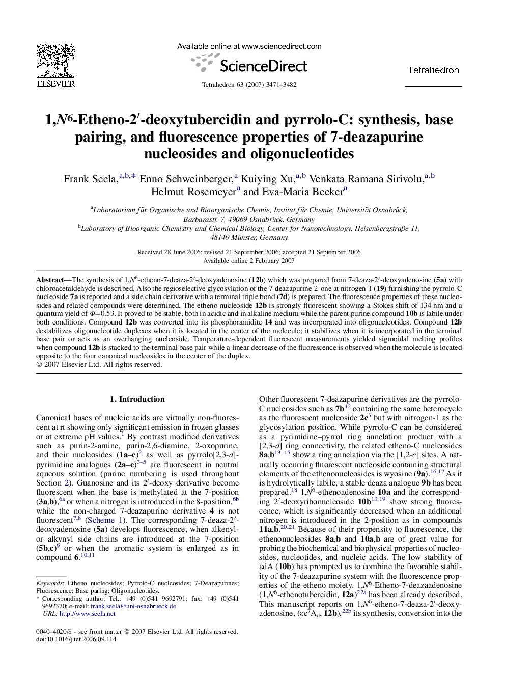 1,N6-Etheno-2â²-deoxytubercidin and pyrrolo-C: synthesis, base pairing, and fluorescence properties of 7-deazapurine nucleosides and oligonucleotides