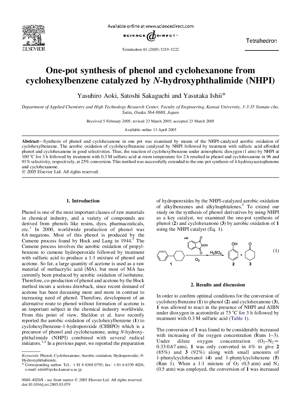 One-pot synthesis of phenol and cyclohexanone from cyclohexylbenzene catalyzed by N-hydroxyphthalimide (NHPI)