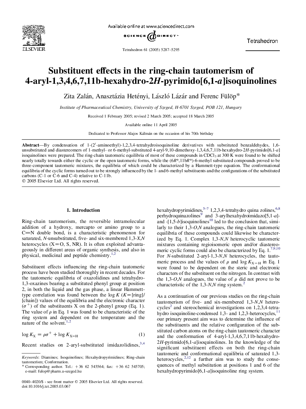 Substituent effects in the ring-chain tautomerism of 4-aryl-1,3,4,6,7,11b-hexahydro-2H-pyrimido[6,1-a]isoquinolines
