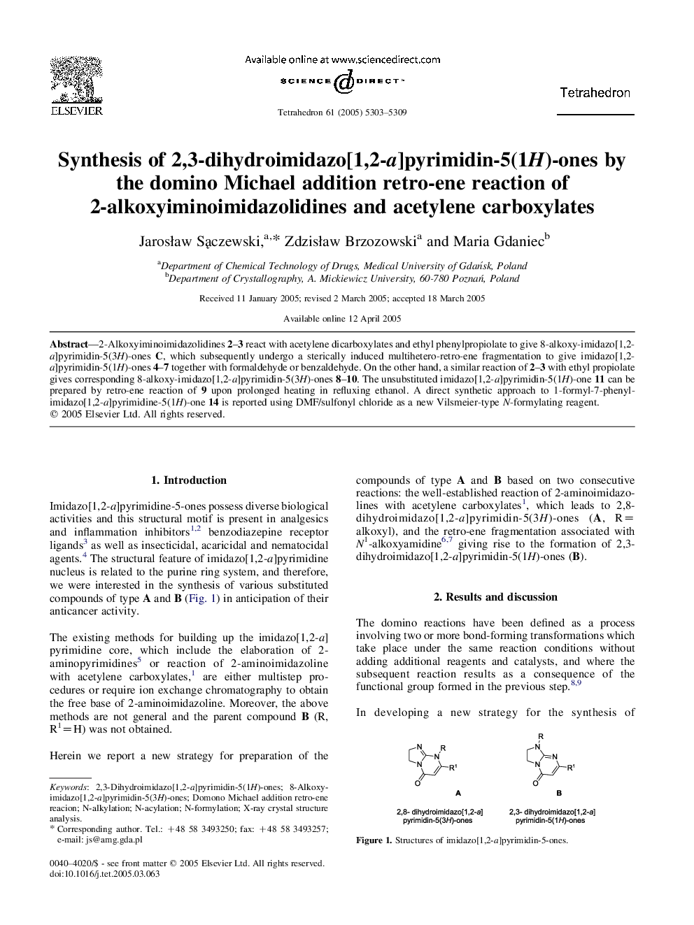 Synthesis of 2,3-dihydroimidazo[1,2-a]pyrimidin-5(1H)-ones by the domino Michael addition retro-ene reaction of 2-alkoxyiminoimidazolidines and acetylene carboxylates