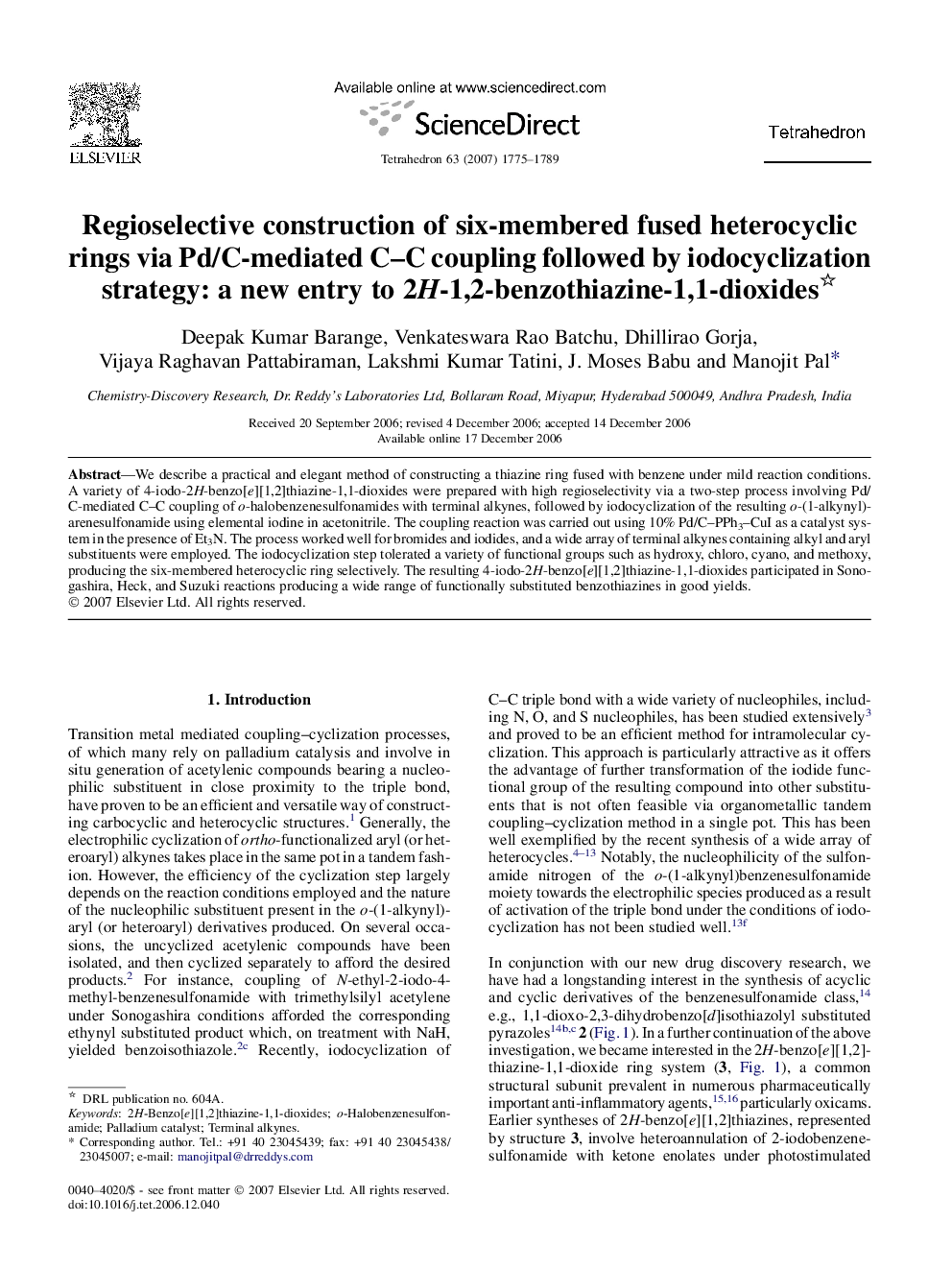 Regioselective construction of six-membered fused heterocyclic rings via Pd/C-mediated C-C coupling followed by iodocyclization strategy: a new entry to 2H-1,2-benzothiazine-1,1-dioxides