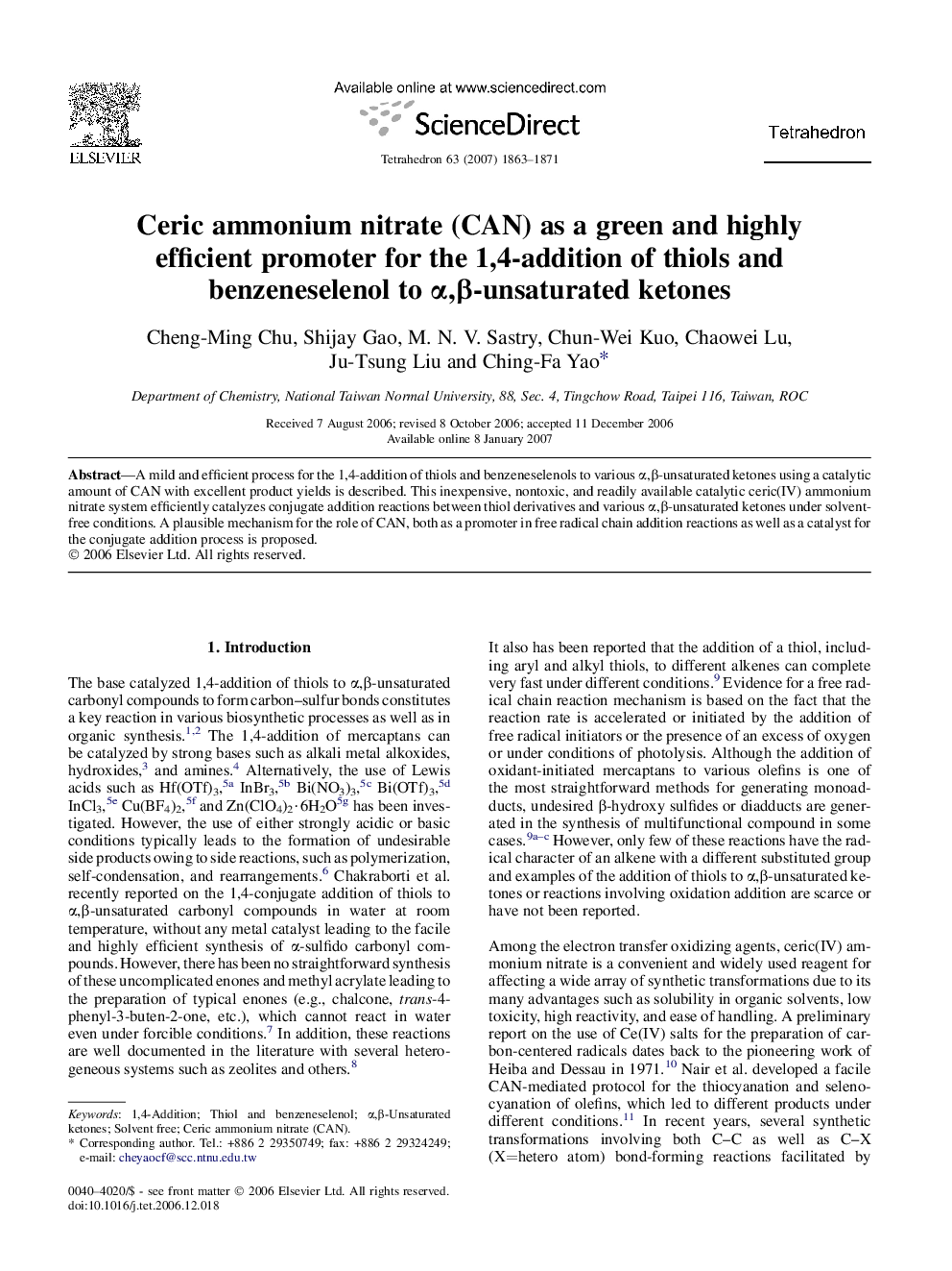 Ceric ammonium nitrate (CAN) as a green and highly efficient promoter for the 1,4-addition of thiols and benzeneselenol to Î±,Î²-unsaturated ketones