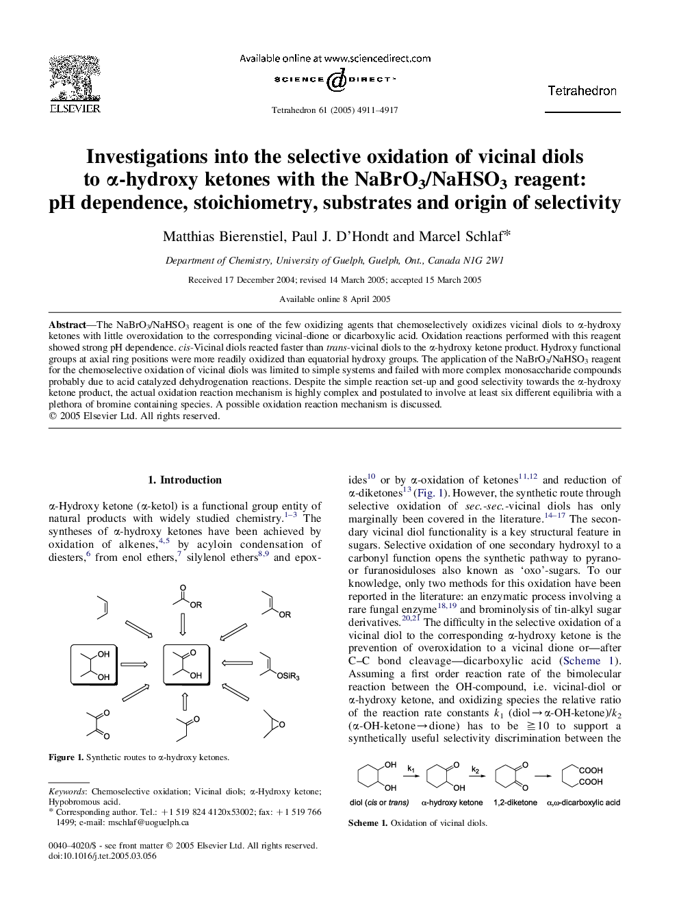 Investigations into the selective oxidation of vicinal diols to Î±-hydroxy ketones with the NaBrO3/NaHSO3 reagent: pH dependence, stoichiometry, substrates and origin of selectivity