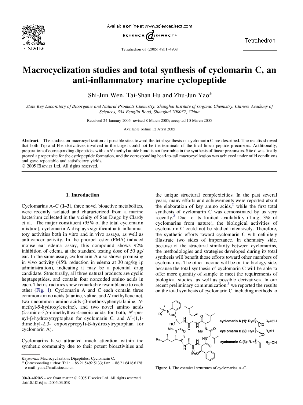 Macrocyclization studies and total synthesis of cyclomarin C, an anti-inflammatory marine cyclopeptide