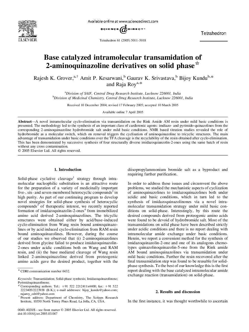 Base catalyzed intramolecular transamidation of 2-aminoquinazoline derivatives on solid phase