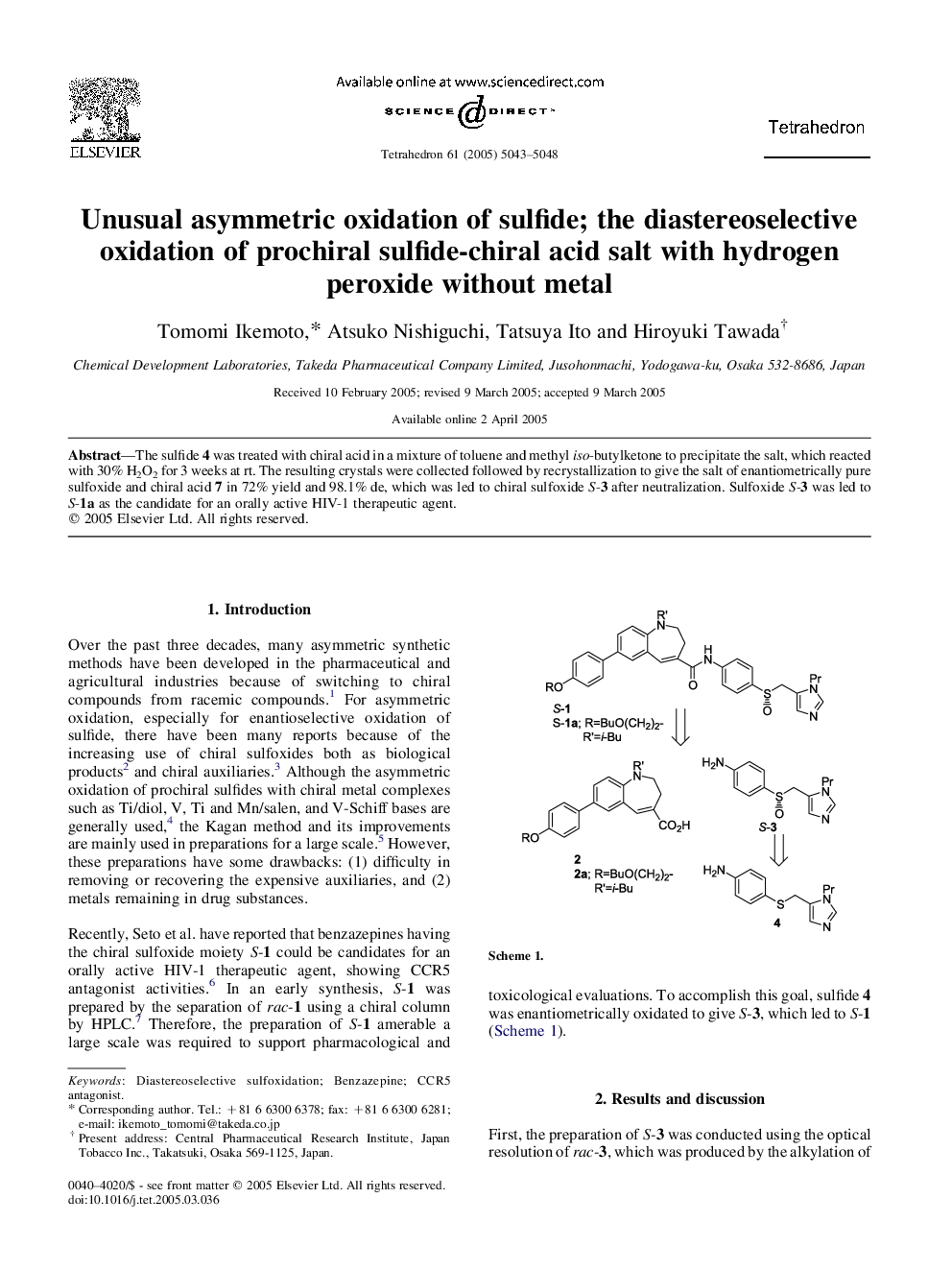 Unusual asymmetric oxidation of sulfide; the diastereoselective oxidation of prochiral sulfide-chiral acid salt with hydrogen peroxide without metal