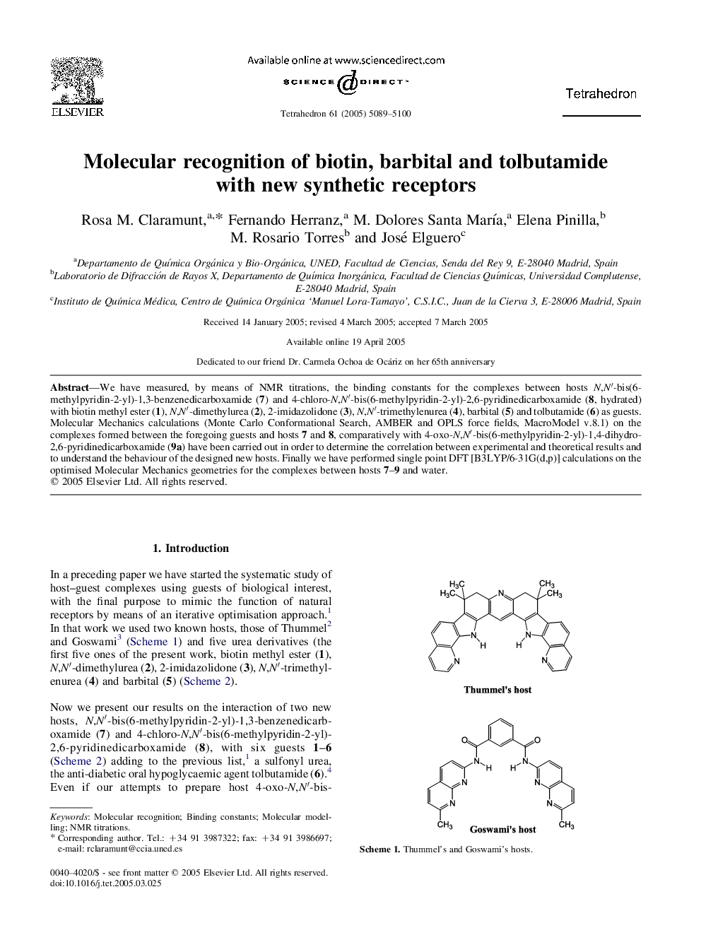 Molecular recognition of biotin, barbital and tolbutamide with new synthetic receptors