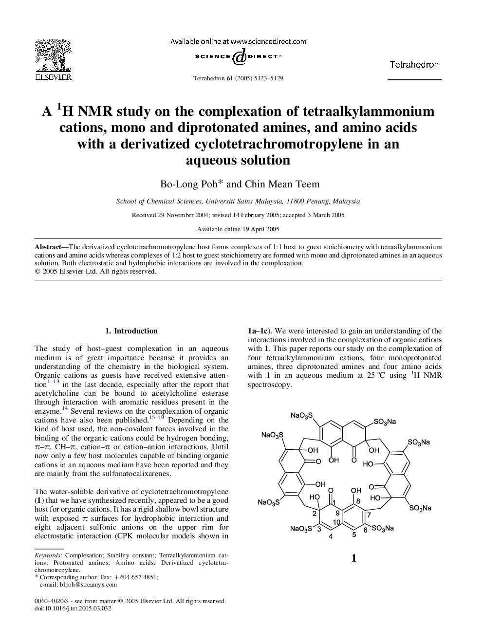 A 1H NMR study on the complexation of tetraalkylammonium cations, mono and diprotonated amines, and amino acids with a derivatized cyclotetrachromotropylene in an aqueous solution