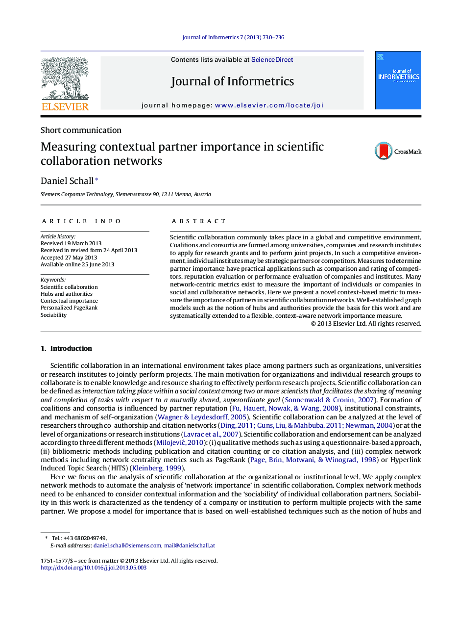 Measuring contextual partner importance in scientific collaboration networks