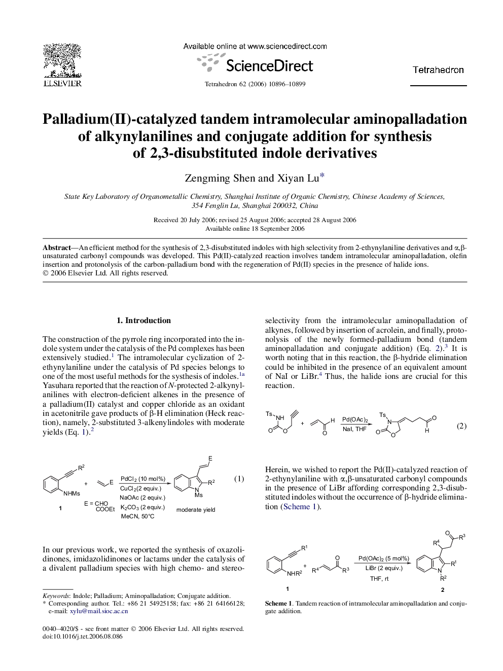 Palladium(II)-catalyzed tandem intramolecular aminopalladation of alkynylanilines and conjugate addition for synthesis of 2,3-disubstituted indole derivatives