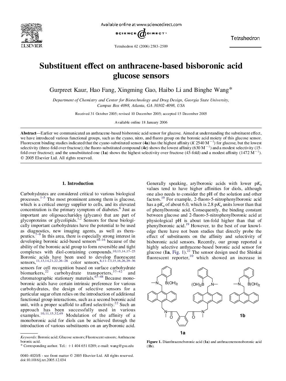 Substituent effect on anthracene-based bisboronic acid glucose sensors