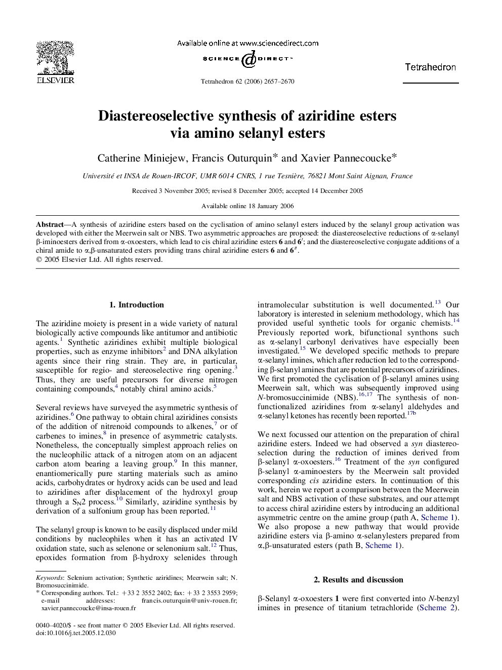Diastereoselective synthesis of aziridine esters via amino selanyl esters
