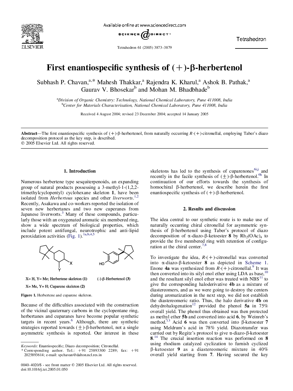First enantiospecific synthesis of (+)-Î²-herbertenol