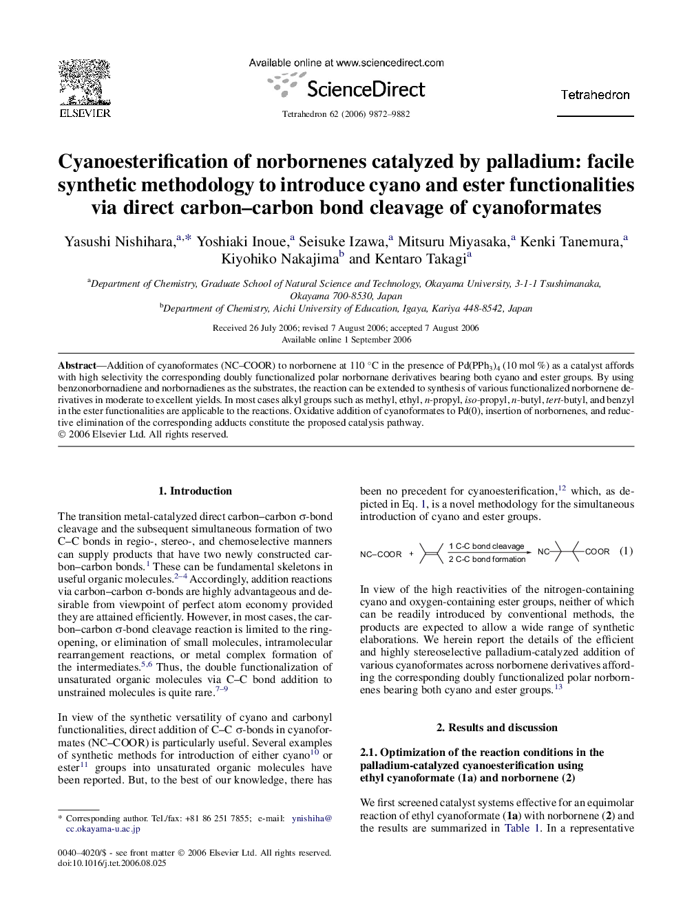 Cyanoesterification of norbornenes catalyzed by palladium: facile synthetic methodology to introduce cyano and ester functionalities via direct carbon-carbon bond cleavage of cyanoformates